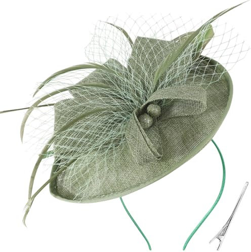 DRESHOW Blume mit Einzelnem Pfeil Feder Fascinators Hut Stirnband und Eine Gegabelte Clip Braut Kopfbedeckung Derby Fascinator Pillbox Hut Kopfschmuck für Mädchen & Damen