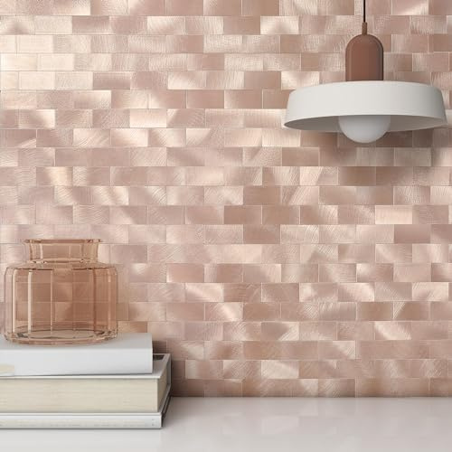 VAOVI Selbstklebende Metallmosaik Metro Wandfliesen Küche,Klebefliesen Fliesenaufkleber Bad(5Fliesen, Roségold)