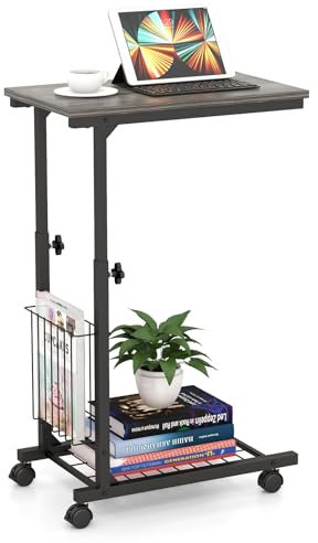 COSTWAY Beistelltisch mit Rollen, Laptoptisch höhenverstellbar, mit Aufbewahrungskorb, Sofatisch C-Form, Betttisch Industrial, Metallrahmen, 50 x 30 x 80 cm (Grau)