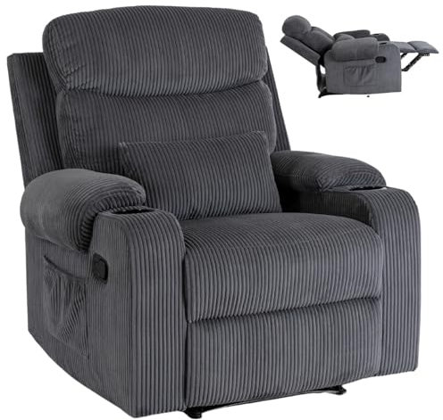 MEBEL ELITE Relaxsessel mit Liegefunktion - Fernsehsessel Grau mit 3 Sitzpositionen - Cord Sessel Wohnzimmer mit Lendenkissen - Lesesessel Bequem mit Getränkehaltern und Seitentasche