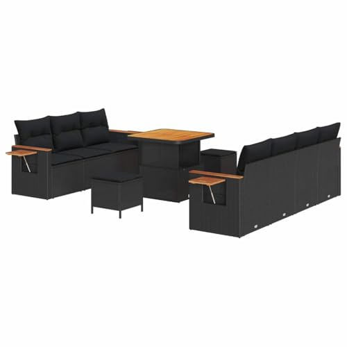 vidaXL 10-teiliges modernes Garten-Sofaset mit Kissen, schwarzes Poly-Rattan und Tisch aus Naturholz. Perfekt für Terrasse, Lounge, Patio und Garten. Modular einsetzbar.