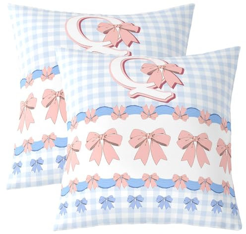 Cute Bowknot Doppelseiten Druck Kissenbezüge, Pink Bowknot Blaue Schecked weiche quadratische Kissenfälle 60x60cm, Personalisierte Englische Buchstabe Q Drucken für Wohnzimmer Dekor Set von 2