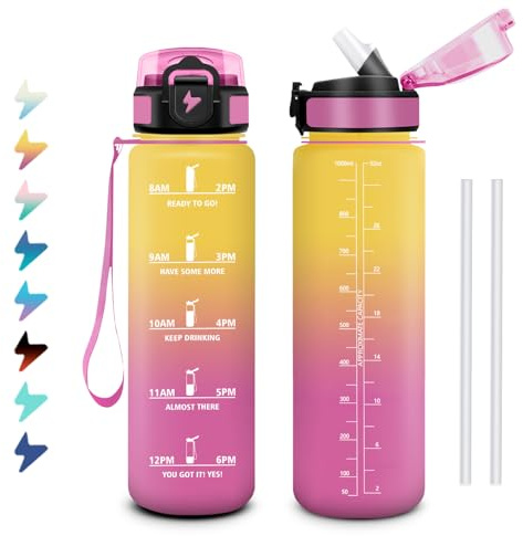 Gourde Sport 1L, Bouteille avec Paille, Anti Fuite, Facile à Nettoyer, Gourde Motivation avec Marqueur de Temps, Verrou de Sécurité, Graduée pour 1 Journee, Reutilisable pour Randonnée, Cyclisme