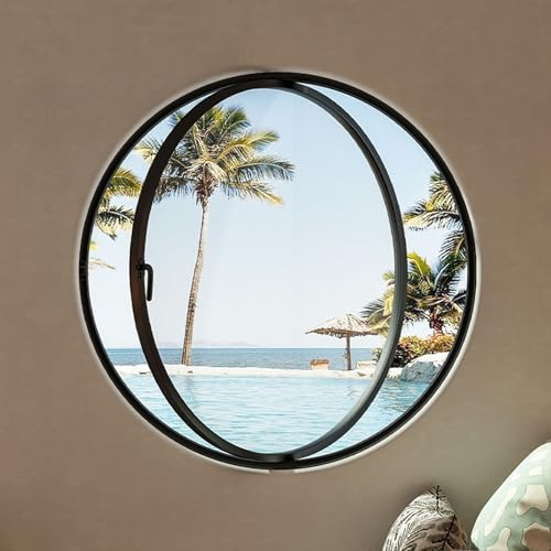 Rundes Fenster aus gehärtetem Glas für Gartenhäuser – 360° drehbare Lüftungsöffnung für Studentenwohnheime und Schlafzimmer, flächenbündiges Design mit Aluminiumrahmen, 70 cm, Schwarz-B. Ide