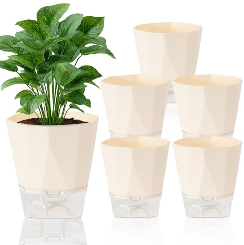 FARYODI Set di 6 vasi autoinnaffianti, 12,5 cm, con sistema di irrigazione effetto avorio, con serbatoio dell'acqua trasparente, per balcone e interni (avorio)