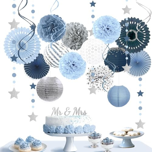 NICROLANDEE Dusty Blue Party Decorations 19Pcs Hanging Paper Lanterns Fans | Tissue Pom Poms Swirls for Wedding, Birthday, Something Blue Bridal Shower Bachelorette Party Baby Shower Decorations