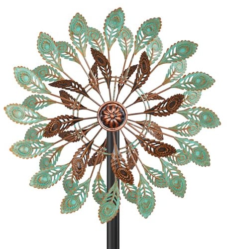 Metall Windrad Garten Dekoration in Retro-Farben - Windspiele für Garten, Rasen und Terrasse, Windskulptur Spinner mit Metallpfahl (Vintage Federn)