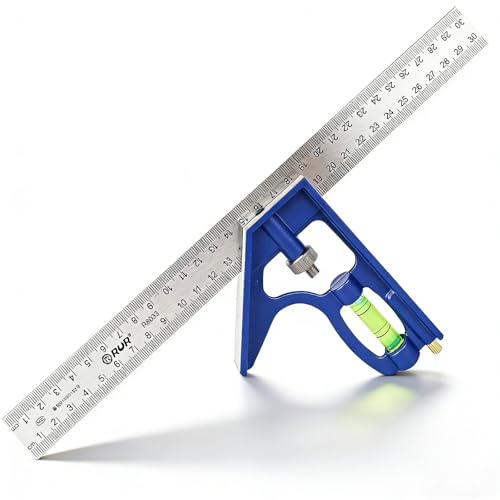 Combination Square 12, Combo Square with Zinc Alloy Body, Stainless Steel Double Sided Ruler with 0-300mm Graduations, 45 90 Degree Marking, Measuring Tool for Woodworking