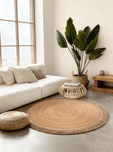 Hanse Home Nuru Juteteppich - Natur Wohnzimmereppich Rund aus 100% Jute, Handgewebt mit Fransen - Robust & Pflegeleicht - Boho Naturfaser Teppich für Wohnzimmer, Schlafzimmer - Natur Gold, Ø200cm