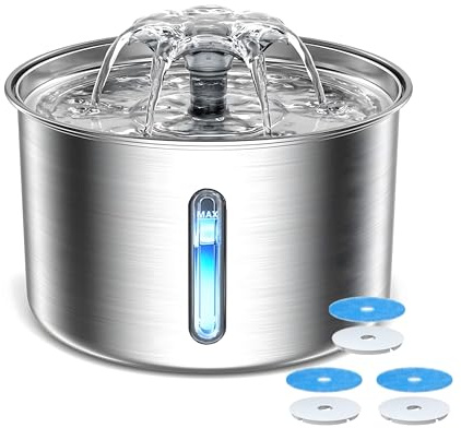 Fontaine à Eau pour Chat en Acier Inoxydable, 3 L, Ultra silencieuse, système de Filtration avec LED, 3 filtres Inclus