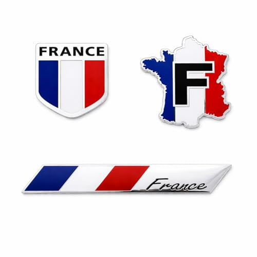 Lot de 3 Autocollants Drapeau France – Sticker Écusson Blason + Carte France + Badge Barre – Voiture Moto Casque Tuning – Résistant Intempéries & UV – Décoration Auto Française