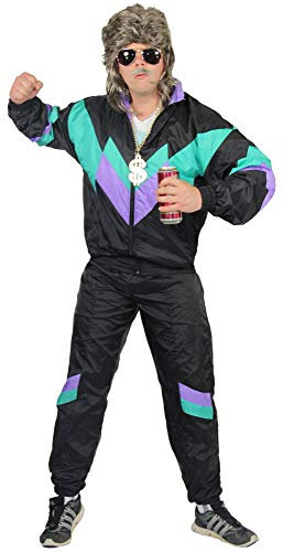 Foxxeo - Costume di Carnevale anni '80 per adulti, tuta da uomo, taglie: S-XXXXL, colore nero, verde, viola, taglia: L, Tuta da uomo, XXXXL