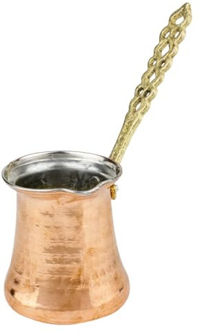 Türkische Kaffeekanne: Kupferne Cezve-Kaffeekanne für türkischen Kaffee | Ibrik arabische Kaffeekanne für den Herd | Handgefertigte osmanische gehämmerte Kupferkanne & Vintage Löffel | 2 Portionen