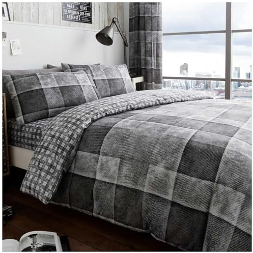 GC GAVENO CAVAILIA Denim Check Duvet Cover Double Bed, Breathable Tartan Bedding Sets Soft Reversible Checkered Quilt Cover Bed Set With Pillowcases, Grey