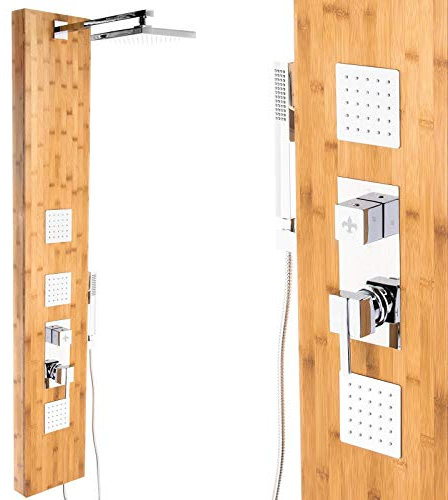 Bambus Premium Duschpaneel 150cm Multifunktion Regendusche Handbrause Duschsäule, : mit Thermostat