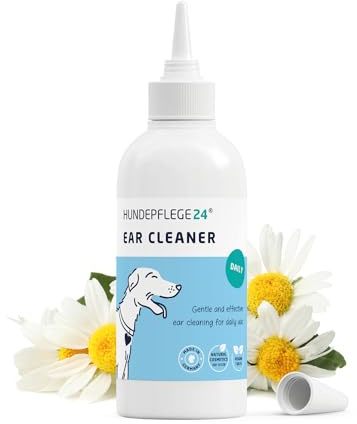 Hundepflege24 Dog ear cleaner solution DAILY - Soothes itching, head shaking & odours within a few days - Ear Cleaner Dog & Cat - Natural dog ear drops with chamomile & aloe vera 250ml