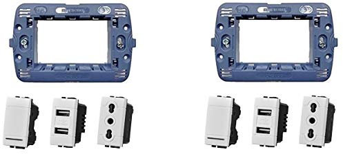 Di Tutto Per Tutti® Set 8 Pezzi Living LIght Compatibile 2 Supporto 3 Posti | 2 Interruttore 1P 16A | 2 Presa doppia USB 5V 2A | 2 Presa Bipasso 2P + T 16A | Bianco