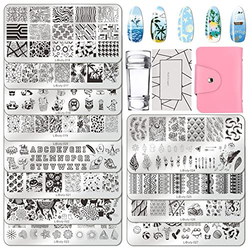 BUDOCI Nail Stamping set,12 St Nail Stamping Plate kit Nägel Stamping Schablonen Platten + Stempel + Schaber + Lagerbeutel für Nagelstempel French Nail Atr Maniküre