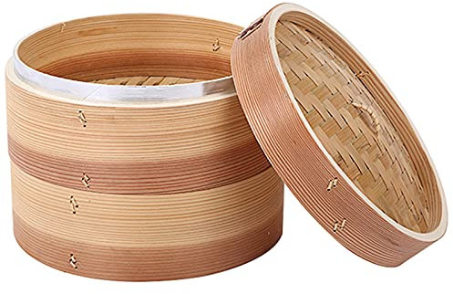 LTLWSH Dampfgarer, 2 Tier Küche Holz Dampfer Korb Für Asiatische Kochen Brötchen Knödel Gemüse Fisch Reis,28cm