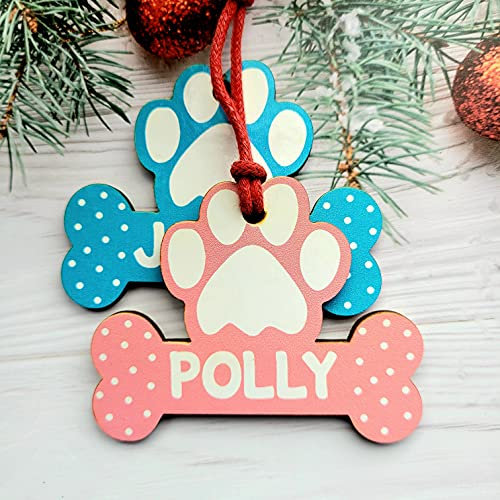 Personalised Christmas Bauble Dog Bone tree decoration wooden hanging ornament gift bag PINK