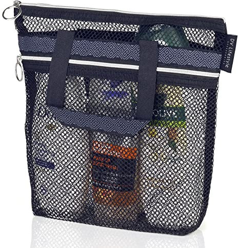 DV Lifestyle Mesh Shower Bag 25 x 26cm Caddy with Zipper & 2 Pockets. Quick-Dry Portable Toiletry Tote for Bathroom, Gym, Travel, Camp, Beach, for Sunscreen, Dorm & College Essentials (Black)