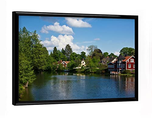 artboxONE Poster mit schwarzem Rahmen 18x13 cm Natur Häuser am Fluss - Bild schweden Haus holzhaus