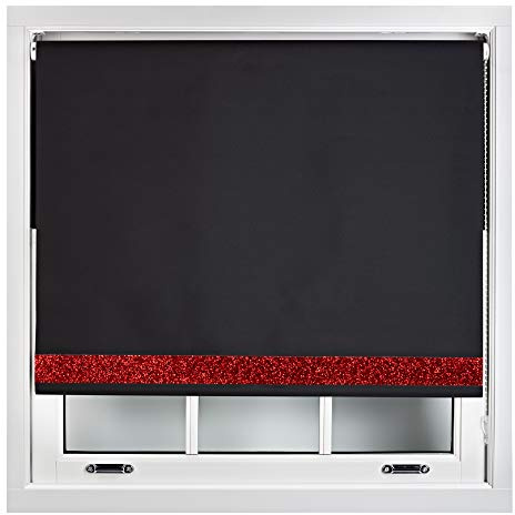 FURNISHED Blackout Roller Blinds With Glitter Edge - Trimmable Thermal UV Protection Fabric Easy Fit Sparkle Glitter Blind for Windows, Black 145W x 210H cm
