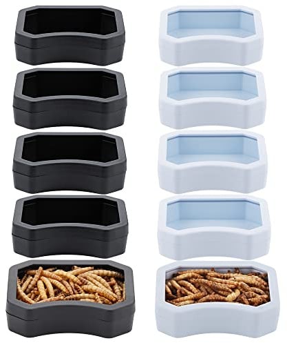 10 Pack Reptile Water Food Bowl, Plastic Terrarium Worm Dish Anti- Escape Feeder for Small Reptile Gecko Lizard Turtle (Black and White)
