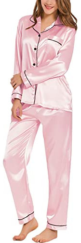 SWOMOG Ensemble de pyjama à manches longues pour femme en satin de soie doux boutonné, rose, XS