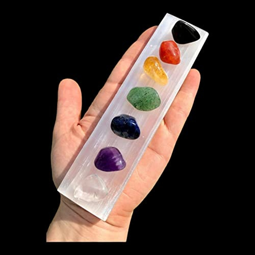 ALCHIMIA- Pietra selenite cristalloterapia reiki meditazione chakra provenienza Marocco Piastra rettangolare con 7 pietre burattate Chakra