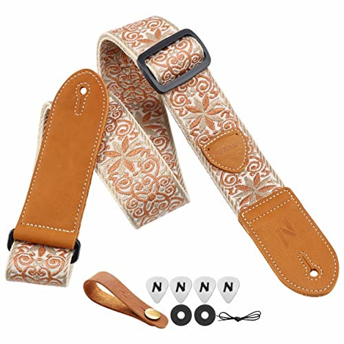 Nefelibata Gitarrengurt,2 Doppelte Lederenden,Vintage Woven W/FREE BONUS-4 Picks+Strap Locks+Strap Button,Bestes Geschenk für Bass,Elektro&Akustik Gitarren für Gitarre(Vintage khaki gelb Stickerei)