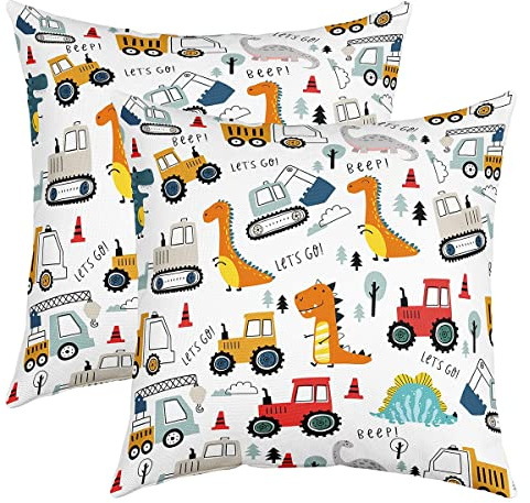 BAU Kissenbezüge 50x50cm 2er Set Kissenbezüge Kinder Cartoon Dinosaurier Sofakissen Couchkissen für Jungen Ausrüstung Trucks Kissenbezug Kissenhütte Baufahrzeuge Kawaii Dschungel Dino Dekokissens