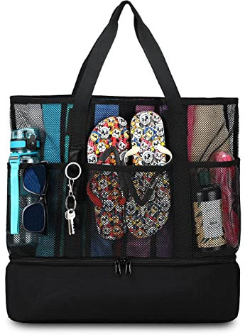 UYLIA Large Tote Mesh Beach Bag with Cooler for Women Men, Durable 8 Pockets Sandproof Waterproof Foldable for Pool Swimming and Travel Daily Use (Black)