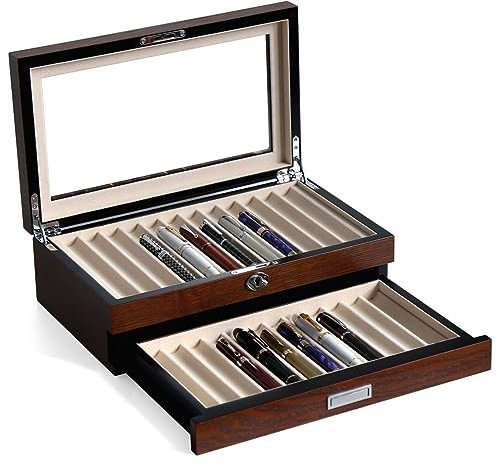 Bonaking Pen Display Case with 24 Slots - Fountain Pen Storage Organizer with Glass Window (Brown Ash Veneer Finish, Creamy-White Velvet)
