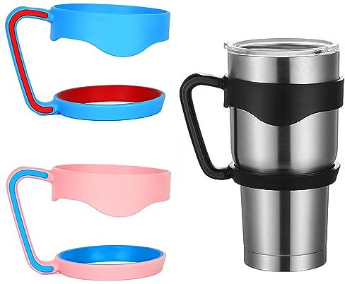 Linkidea 3 Pack Tumbler Handle Compatible with 30oz YETI Rambler, OZARK TRAIL Tumbler, Portable Anti Slip Travel Mug Grip (Black, Pink, Blue)