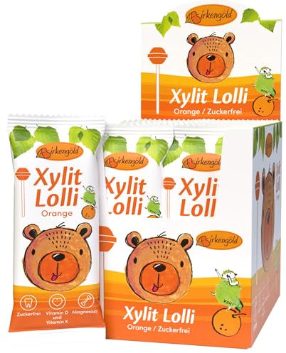 Birkengold Xylit Lolli | 20x6g einzeln verpackt | vegan | zuckerfreier Dauerlutscher | Multivitamin Zahnpflege Lolli | Frucht Lolli Orange