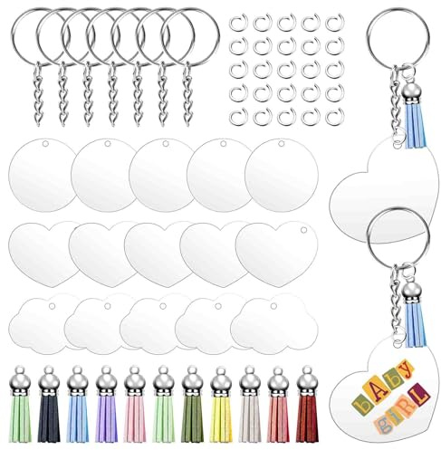 Keadic 135Pcs Silver Key Chain Rings Bulk Set with Colorful Keychain Tassels, 3 Style Acrylic Keychain Blanks, Open Jump Rings, Screw Eye Pins for Vinyl Craft, Charms, Earrings, Bracelets