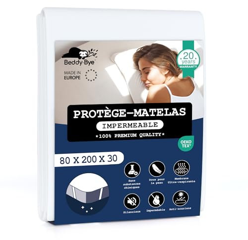 Beddy-Bye Protege Matelas 80x200 Impermeable Respirant Infroissable Certifié Oeko-Tex - Alese 80x200 Impermeable avec 4 Coins Élastiques Éco-Responsable - Blanc