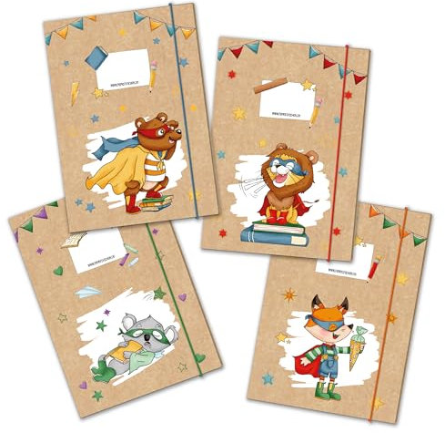 Papierdrachen 4 hochwertige Schulmappen für Kinder DIN A4 | Motiv Superhelden Tiere - Postmappe für Grundschüler - Heftsammler - Sammelhefter - Set Nummer 14
