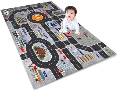 AXHMZYD Autoteppich Kinder spielteppich straße Junge,kinderteppich Jungen & Mädchen straßenteppich kinderzimmer groß,Bauteppich Stadtstadt Fahrzeug Spielmatte Lernbereich Teppiche,grau,Grün 100x160cm