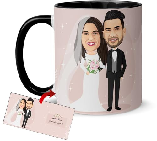 Kembilove Tazas originales para regalar en boda - Taza personalizada con caricatura y texto - Regalos de boda para invitados - Regalos boda - Tazas de cafe 350ml (Novios)