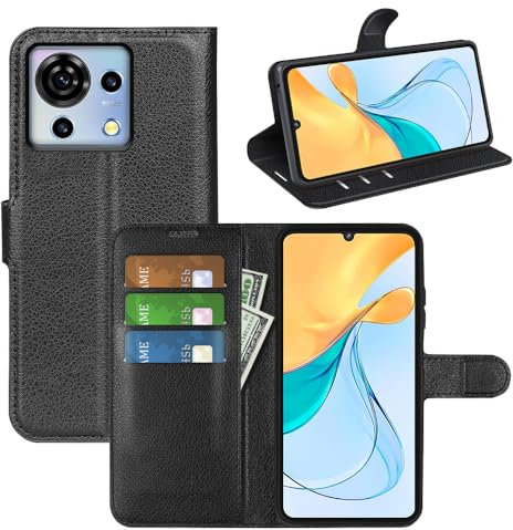 Fertuo Hülle für ZTE Blade V50 Vita 4G, Handyhülle Leder Flip Case Tasche mit Standfunktion, Kartenfach, Magnetschnalle, Silikon Bumper Schutzhülle Cover für ZTE Blade V50 Vita 4G, Schwarz