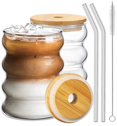 Ework4U Juego de 2 vasos con tapas de bambú y popote de vidrio de 14 onzas, vasos de cóctel, vasos de café helado, vasos de cerveza, ideal para agua, refrescos, té, regalo, con cepillo de limpieza