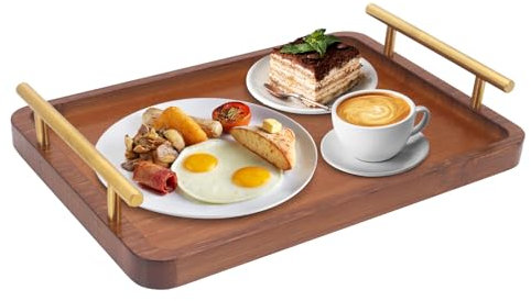 Seahelms Bamboo Tray with Metal Handles 36x25cm Wooden Tray Rustic Vintage Wooden Serving Trays for Breakfast,Coffee Tables,Living Room