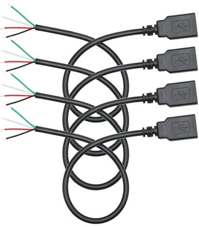 4Pcs Short USB A Female to 4 Pin Bare Wire 11inch, 22AWG 5V/3A USB A Female Plug 4 Pin Pigtail Wire Open End Power and Data Cable, for USB Type A Equipment Installed or Replacement Repair DIY Cable