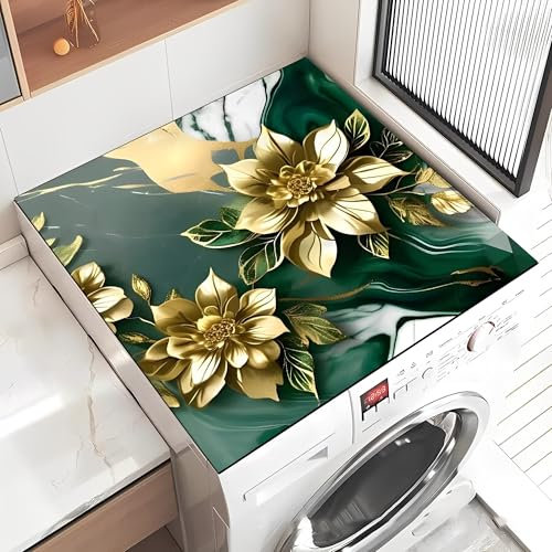 Treer Tappetino per Lavatrice Antiscivolo Assorbente, Motivo 3D Copertura per Lavatrice Morbido Tappetino Protezione Superiore per Lavatrice e Asciugatrice (60x60cm,Fiore d'oro)