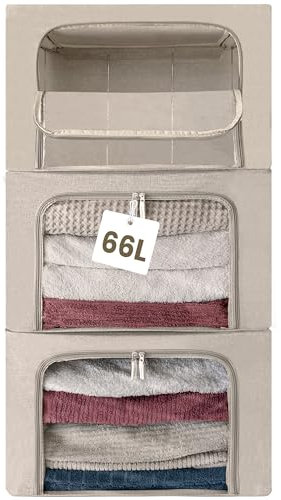 unycos - Cajas de Almacenaje de Ropa【3 Piezas | 66L】 Bolsas con Estructura Resistente de Hierro, Asas Reforzadas y Ventana Transparente, Organizador de Toallas, Edredones | 20 kg (Grey; Iron Rod)