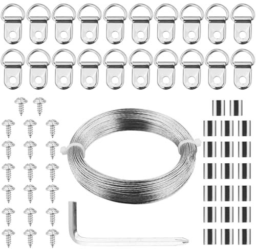 Picture Hanging Wire,30M Picture Wire Picture Frame Wire D Rings for Picture Hanging Crimping Loop Sleeve be Used for Indoor and Outdoor (Silver-131Pcs)