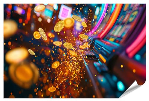 islandburner XXL Bild Poster Goldmünzen fliegen aus einem Spielautomaten in einem bunten Casino Premium Bilder Fotodruck
