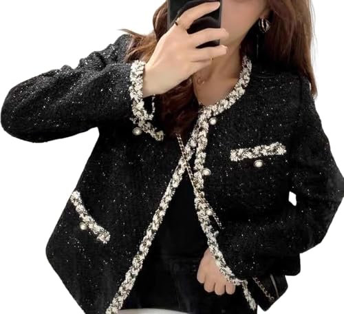 Blazer en Tweed coréen décontracté élégant pour Femmes tempérament col Rond Blazer à Carreaux décontracté Bouton Patte de Boutonnage Veste Courte (Noir,S)